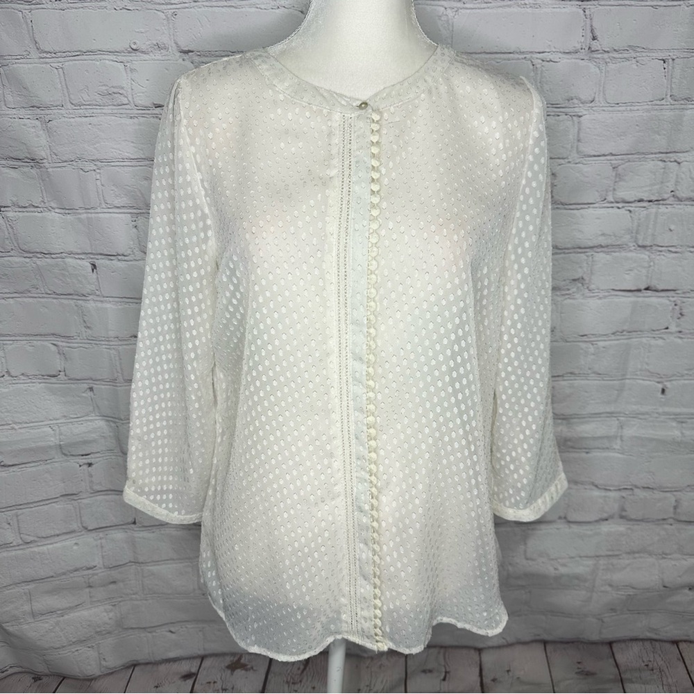 Skies Are Blue Ivory semi sheer button down polka dot top